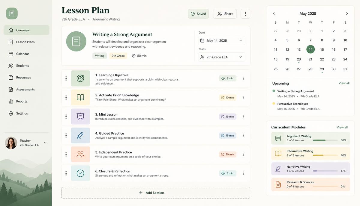 OLIZI AI lesson planning interface